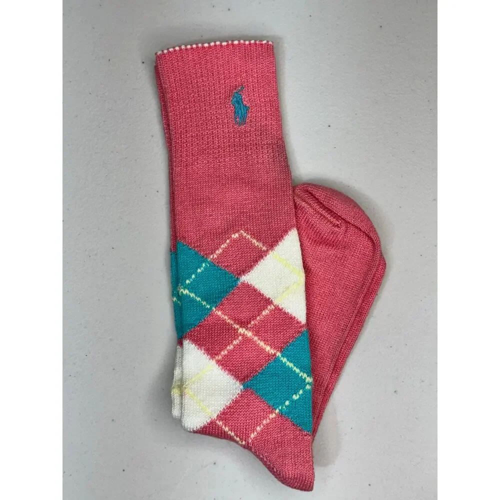 VTG Polo Ralph Lauren Argyle Crew Trouser Socks Pink & Blue Iconic Pony Logo